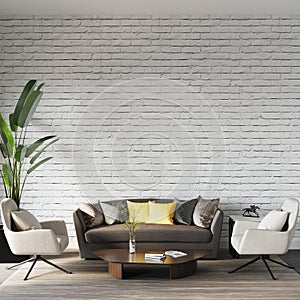 Modern living room with sofa  armchairs and decors in front of the white brick wall  wall mockup