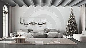 Modern living room with sofa and carpet, parquet and vaulted ceiling. Christmas tree and presents, white and dark scandinavian