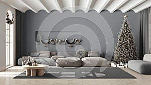 Modern living room with sofa and carpet, parquet and vaulted ceiling. Christmas tree and presents, white and gray scandinavian