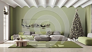 Modern living room with sofa and carpet, parquet and vaulted ceiling. Christmas tree and presents, white and green scandinavian
