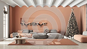 Modern living room with sofa and carpet, parquet and vaulted ceiling. Christmas tree and presents, white and orange scandinavian