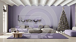 Modern living room with sofa and carpet, parquet and vaulted ceiling. Christmas tree and presents, white and purple scandinavian
