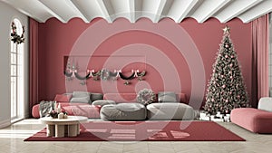 Modern living room with sofa and carpet, parquet and vaulted ceiling. Christmas tree and presents, white and red scandinavian