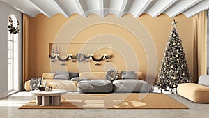 Modern living room with sofa and carpet, parquet and vaulted ceiling. Christmas tree and presents, white and yellow scandinavian