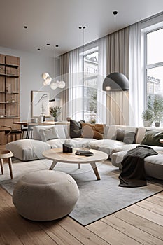 Modern living room with sofa and coffee table. Scandinavian style