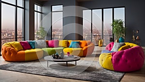 Modern living room with sofa and colored poufs photo