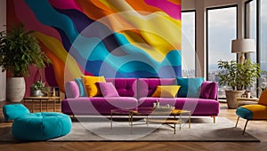 Modern living room with sofa and colored poufs creative style