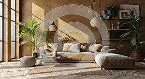 modern living room with tan walls, sofa, pillows