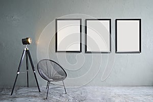 Modern living room with three empty picture frames