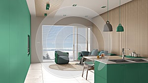 Modern living room in turquoise tones and wooden details, panoramic window on sea panorama, sofa and armchair with round carpet,