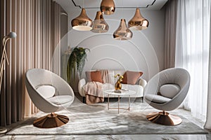 modern living room with unconventional chairs and unique lampshades