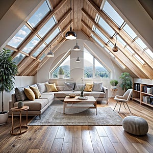 A modern living room with vaulted wood ceiling