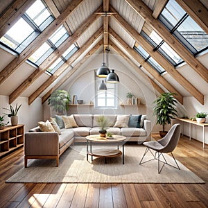 A modern living room with vaulted wood ceiling photo