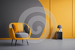 Modern living room with warm yellow and grey empty wall for mock up. Contemporary interior design with trendy wall color and