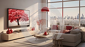 Modern living room with white elegant sofa, striking red pillows, abstract artwork, and large window