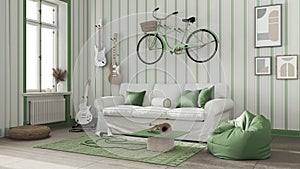 Modern living room in white and green tones, striped wallpaper, sofa, bicycle and musical instruments hanging on the wall,