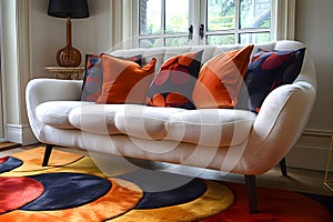 modern living room with white sofa, orange pillows and colorful carpet