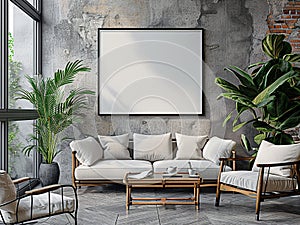 Modern Living Room with White Sofa and Wall Art Frame