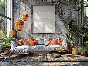 Modern Living Room with White Sofa and Wall Art Frame
