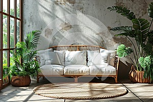 Modern living room with white wooden sofa and carpet.