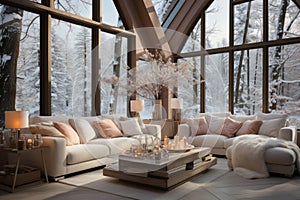 Modern living room with winter landscape outside
