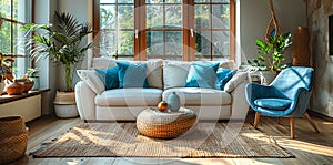modern living room with wooden floor, white sofa and blue chair, in the style of dark beige and cyan, modern. Generative