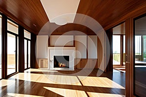 Modern living room with wooden floors, large windows, and a cozy fireplace