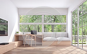 Modern living room and working corner with nature view 3d render photo