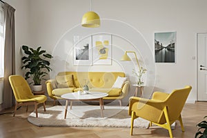 modern living room with yellow armchair and lamp. scandinavian interior design furniture.  illustration