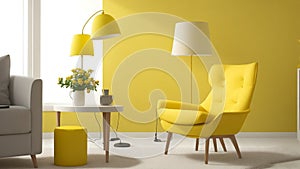 modern living room with yellow armchair and lamp. scandinavian interior design furniture