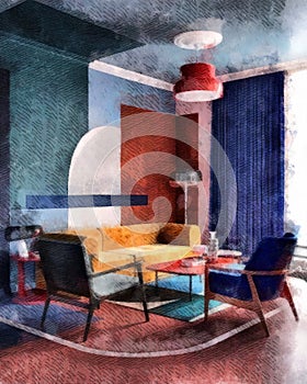 Modern living room with yellow cozy sofa and wooden blue chair and vintage lamp interior design watercolor painting wallpaper bac