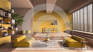 Modern living room in yellow tones, hall, open space with parquet oak floor with steps, sofa, carpet and coffee tables, dining