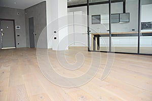 Modern living room zoning with glass wall. Oak wood flooring with modern interior room glass wall.