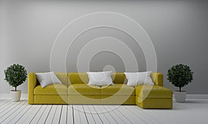 Modern living with yellow sofa and plants empty white wall background. 3D rendering