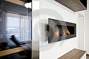 Modern livingroom with fireplace.