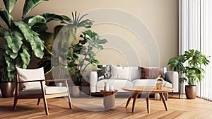 Modern livingroom interior with monstera plants. Generative ai design