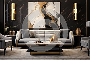 modern livingroom, luxury, small gold accents, calacatta, dark colors