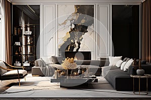 modern livingroom, luxury, small gold accents, calacatta, dark colors