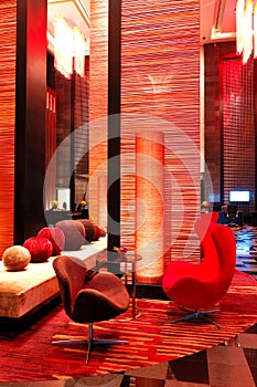 Modern lobby interior in night illumination