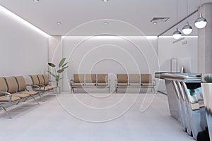 Modern lobby interior with silver reception desk, seating and decortaive items. Waiting area concept.