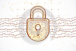 Modern lock icon with digital binary code on white background. 3D Rendering
