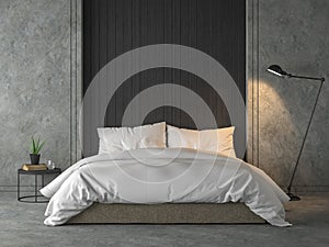 Modern loft bedroom with black wood plank 3d render photo