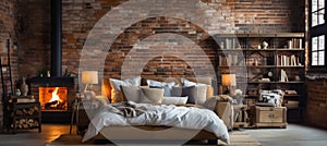 Modern loft bedroom with cozy bed, pillow, coverlet, fireplace, and stylish brick wall