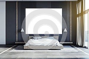 Modern loft bedroom interior with empty white mock up banner, panoramic window and city view, curtain and other objects. 3D