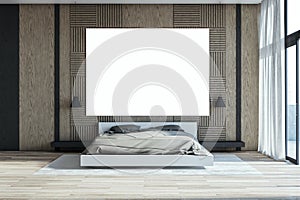 Modern loft bedroom interior with empty white mock up poster , panoramic window and city view, curtain and other objects. 3D