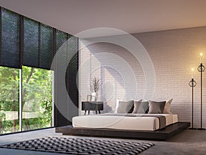 Modern loft bedroom with nature view 3d rendering image