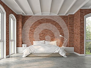 Modern loft bedroom with red brick wall 3d render