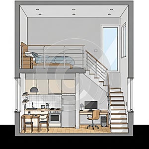 The upper level is accessed by a staircase and includes a bed with a