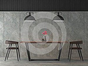 Modern loft dining room with metal furniture 3d render photo