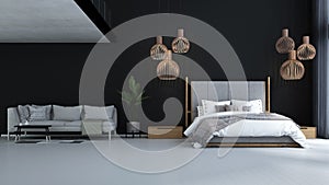 The modern loft double space living room and bedroom interior design and black wall background and sea view background